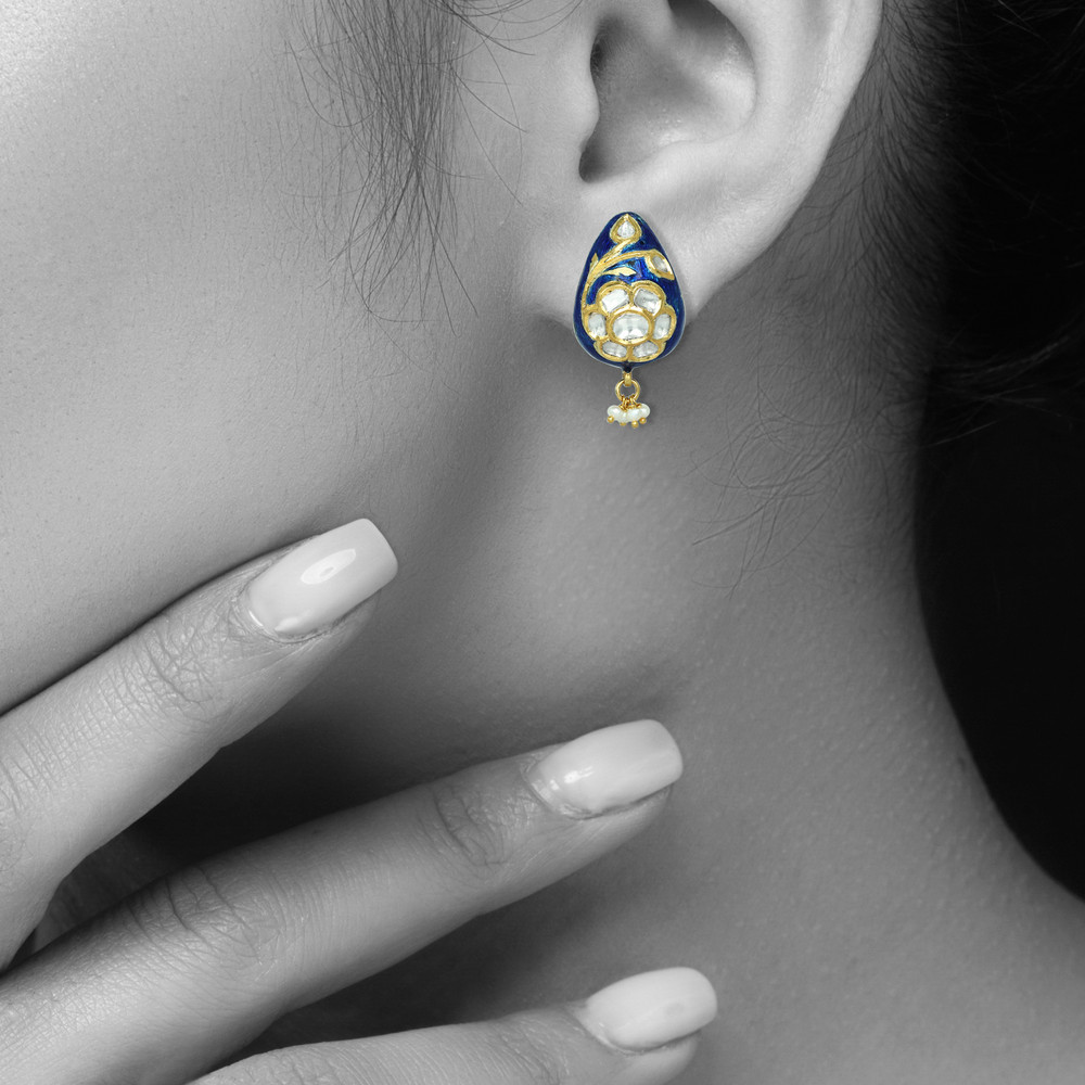 Blue Enamel Polki Earrings with Floral Motif and Pearl Cluster